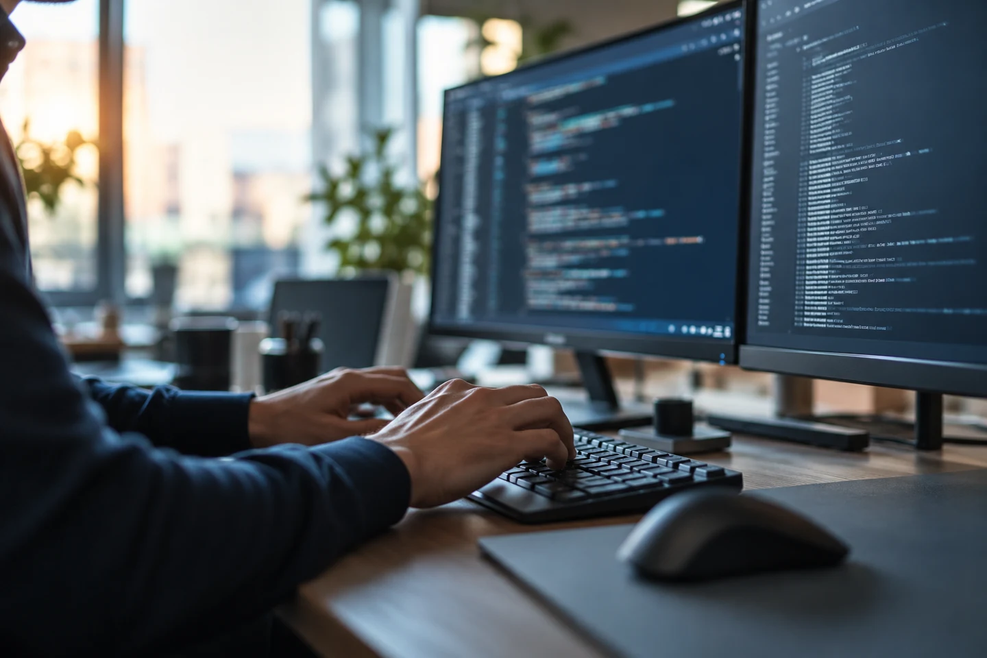An engineer reviewing code at a development workstation