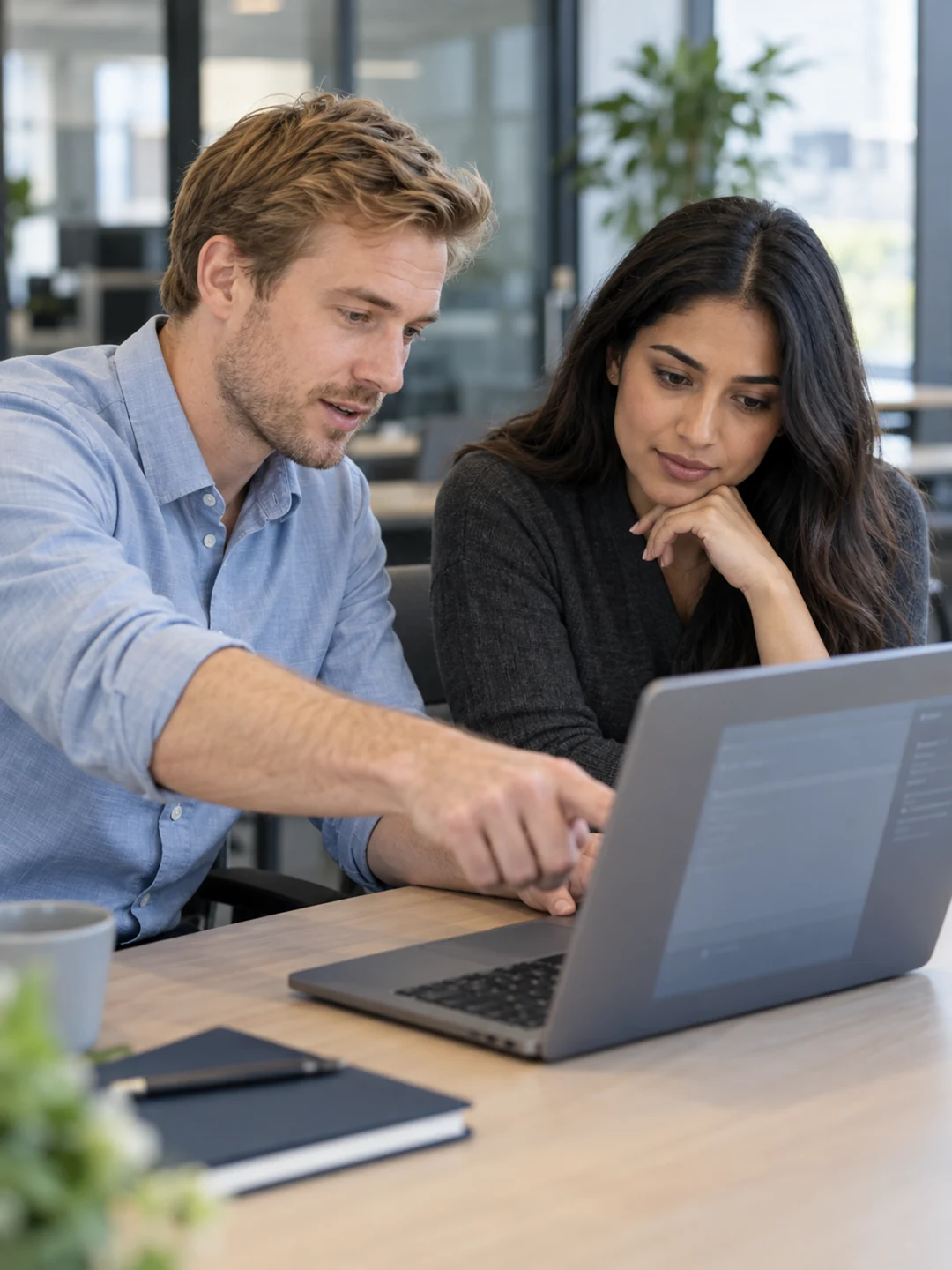 Technical specialist walking a colleague through a laptop setup