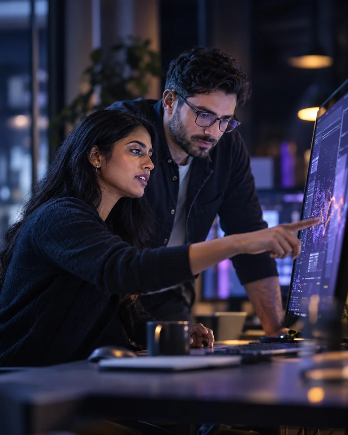 Technology specialists reviewing software and data at a workstation